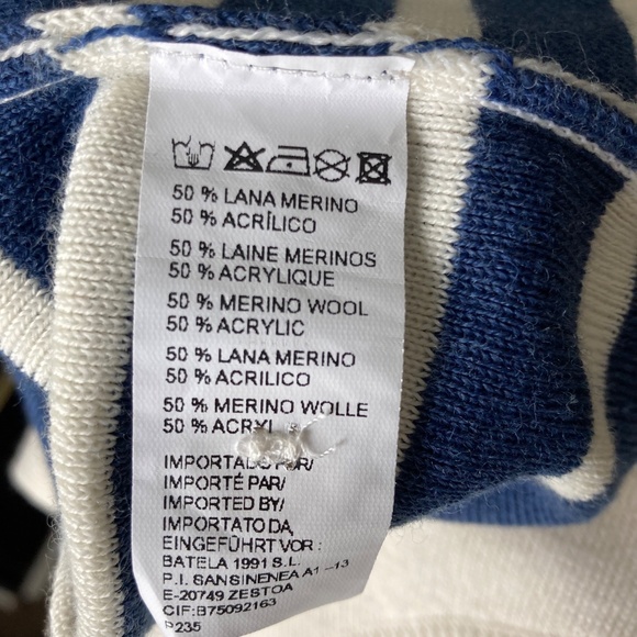 Batela Sea Style Striped Navy and White Nautical Shirt with Anchor Buttons Wool - Picture 7 of 7